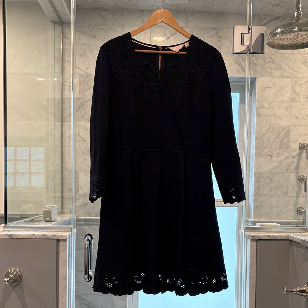Ted Baker Elegant Navy Lace-Trim A-Line Dress